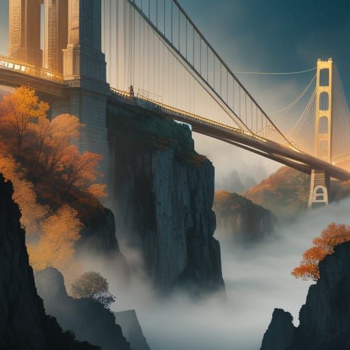Majestic Suspension Bridge in Vibrant Hyperrealism