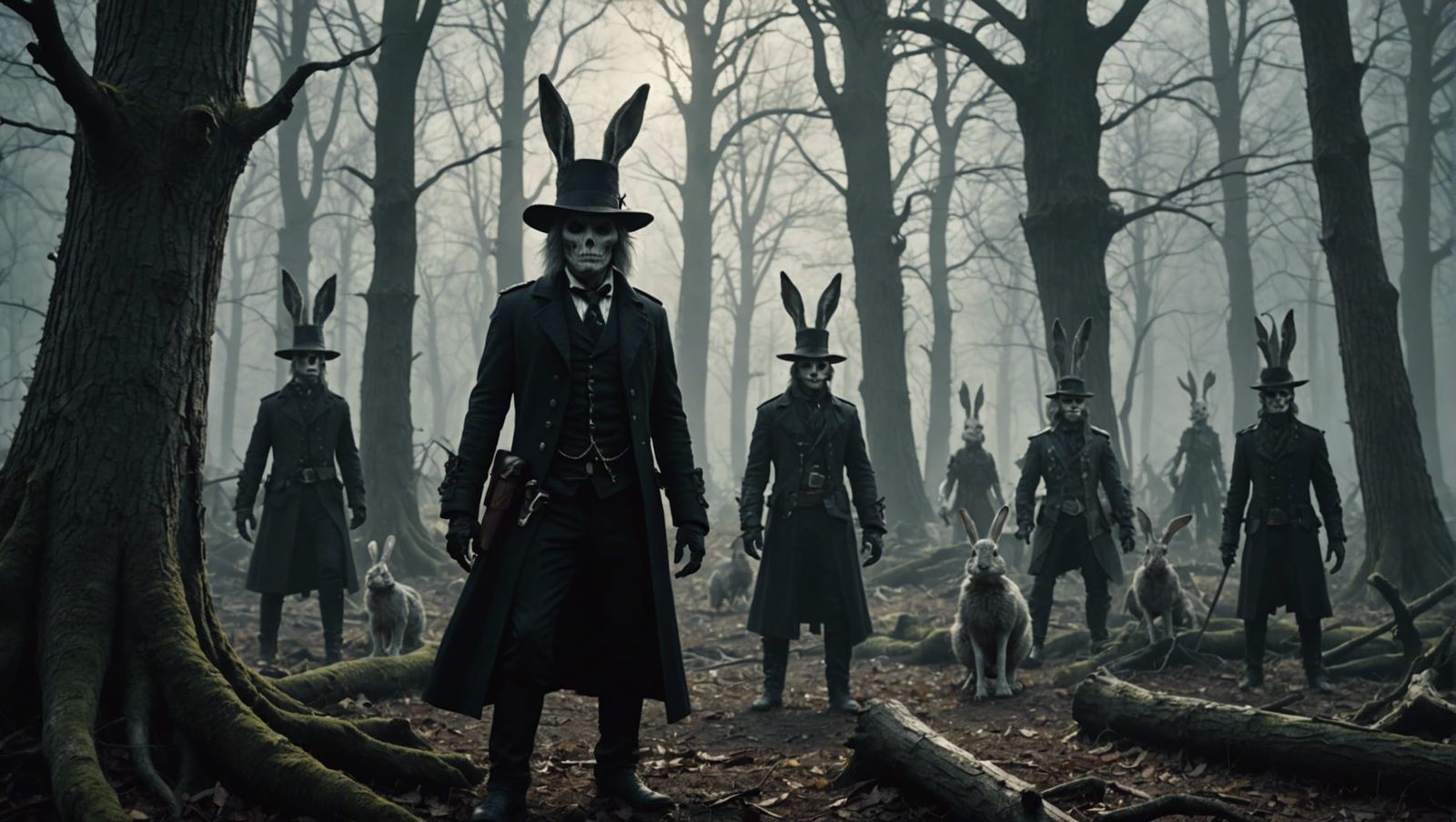 Undead Rabbits Chatting with Ghostly Trees: Dark Fantasy Art