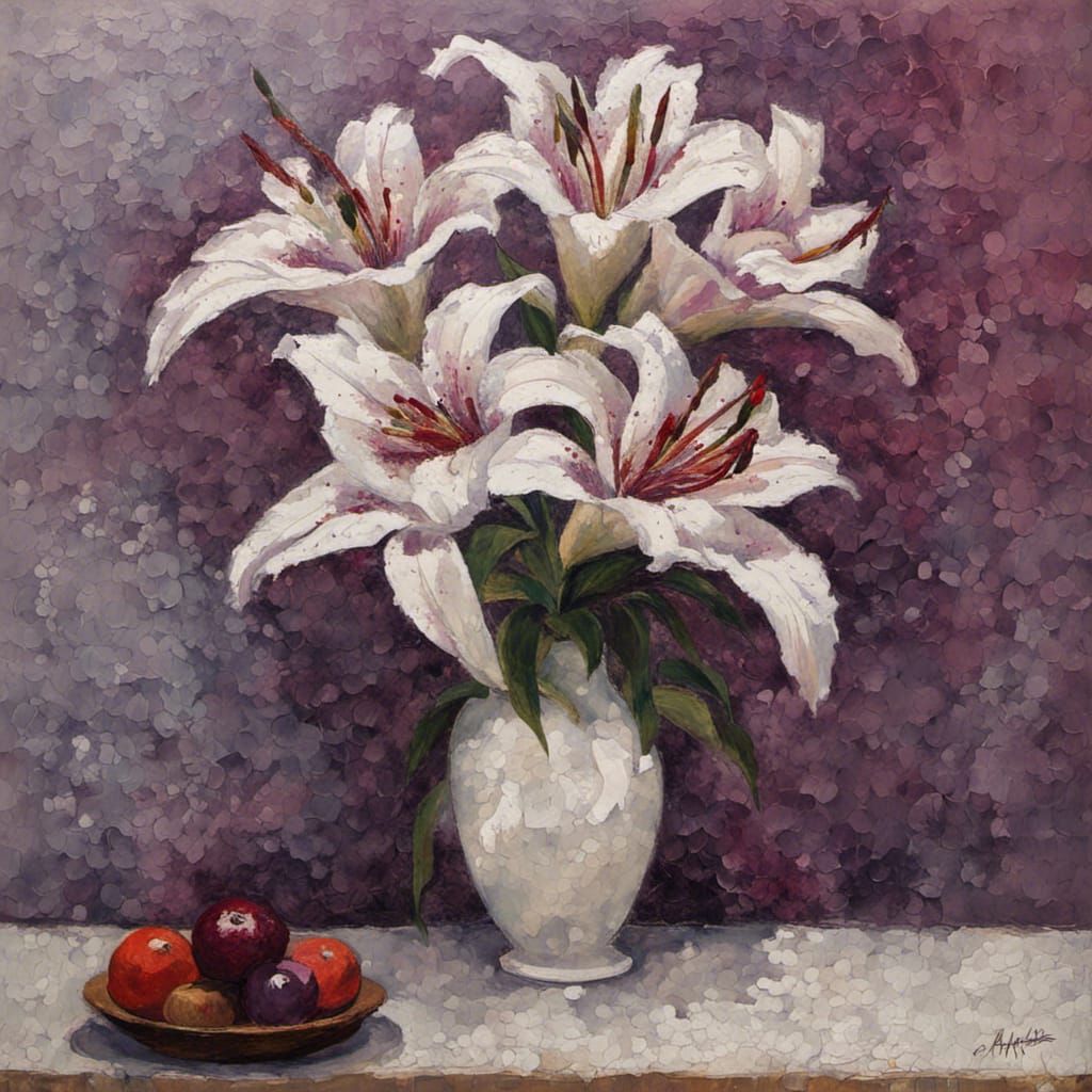 Stargazer Lilies in Vase: Neo-Impressionist Oil Painting
