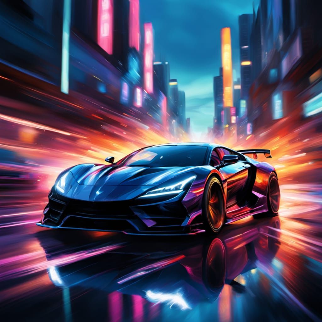 Girl Drifting Car in Vibrant Oil Painting Style