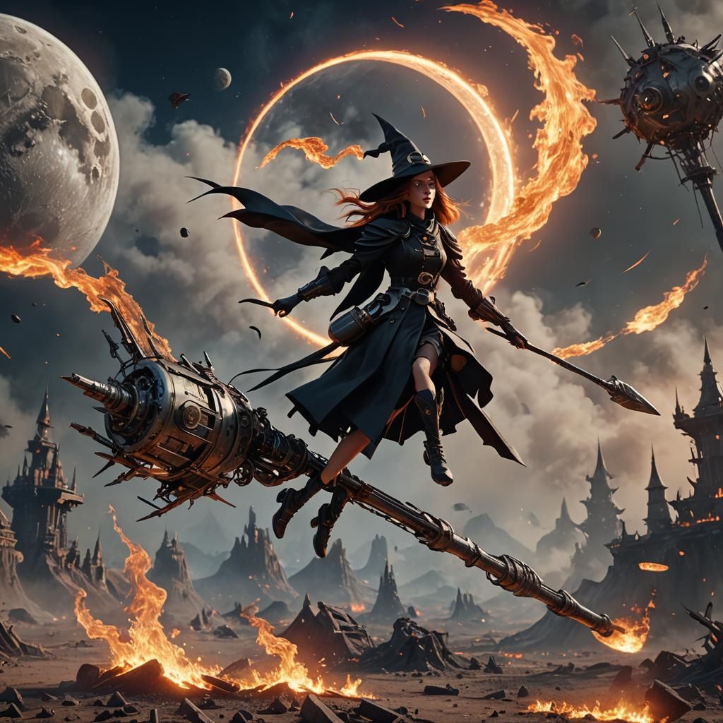 Fiery Witch Flight in Sci-Fi Moonscape