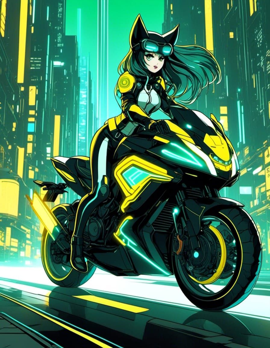 Female TRON style kitsune riding a motorcycle in a city. Black, green and yellow. <lora:Gridimation:1.0>