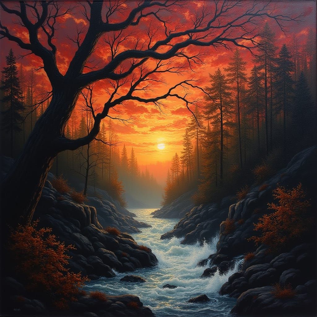 Fiery Sunset Over Moody Woodland Forest