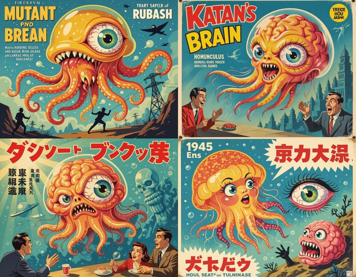 Bizarre Mutant Jellyfish Attack in Retro Horror Style