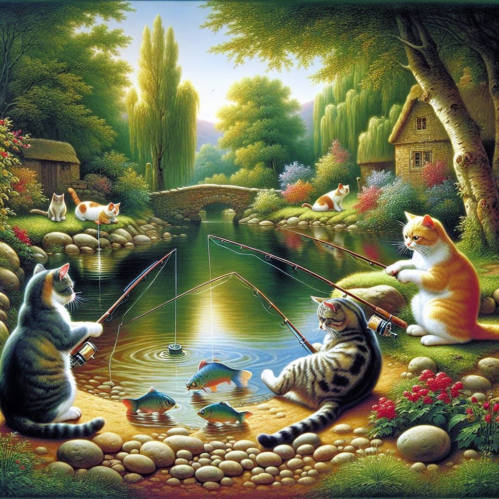 Cats Fishing in Pond, Naturalist Acrylic Painting