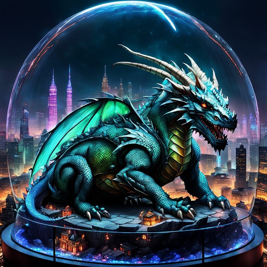 Colossal Dragon Sleeps Under Neon-Lit Glass City