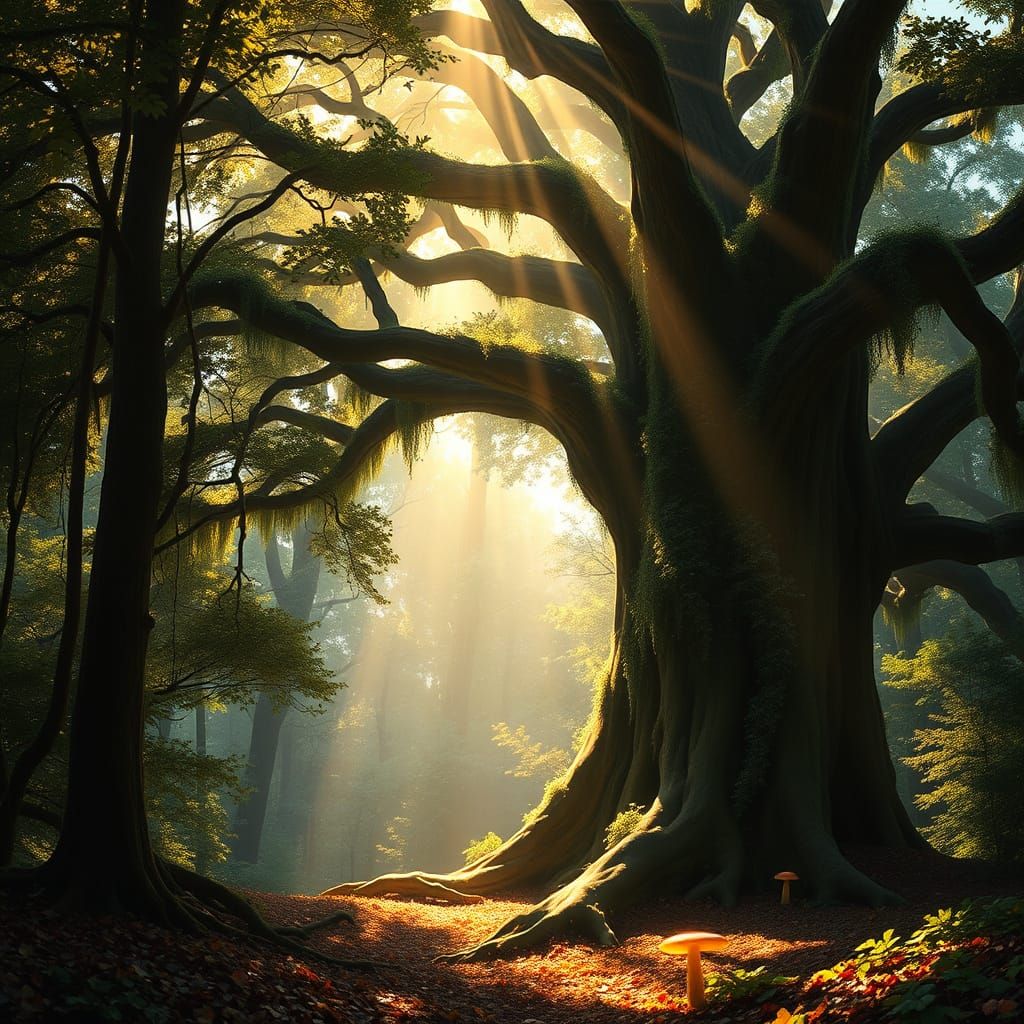 Majestic Ancient Oak Tree in Sun-Dappled Forest