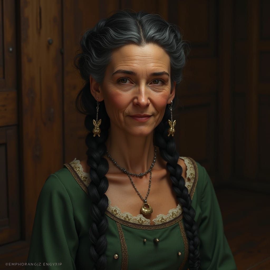Wise Elder Woman in Elegant Green Dress, Hyper-Realistic Por...