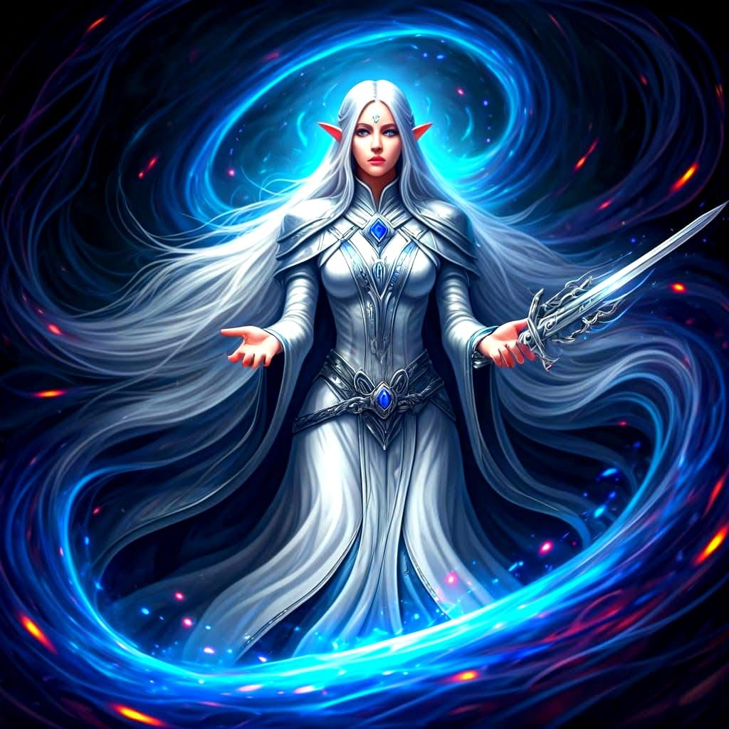 Enchanting Elf Amidst Electric Storm, Fantasy Concept Art