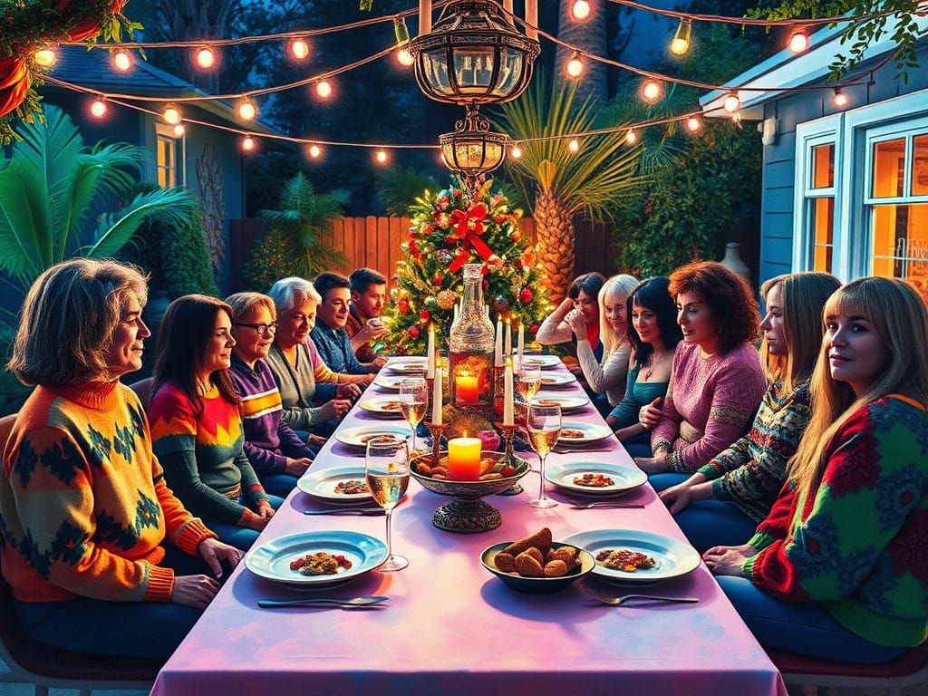 Retro-Inspired Christmas Gathering in a Vibrant Backyard