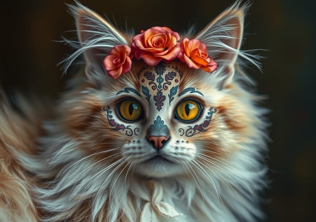 Fluffy Cat in La Dia de los Muertos Style