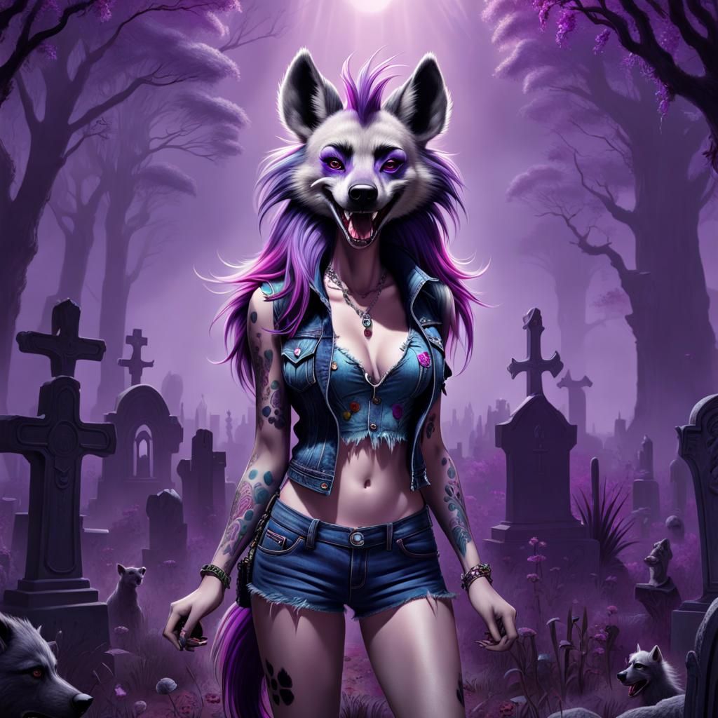Psychedelic Furry Hyena in Graveyard Landscape