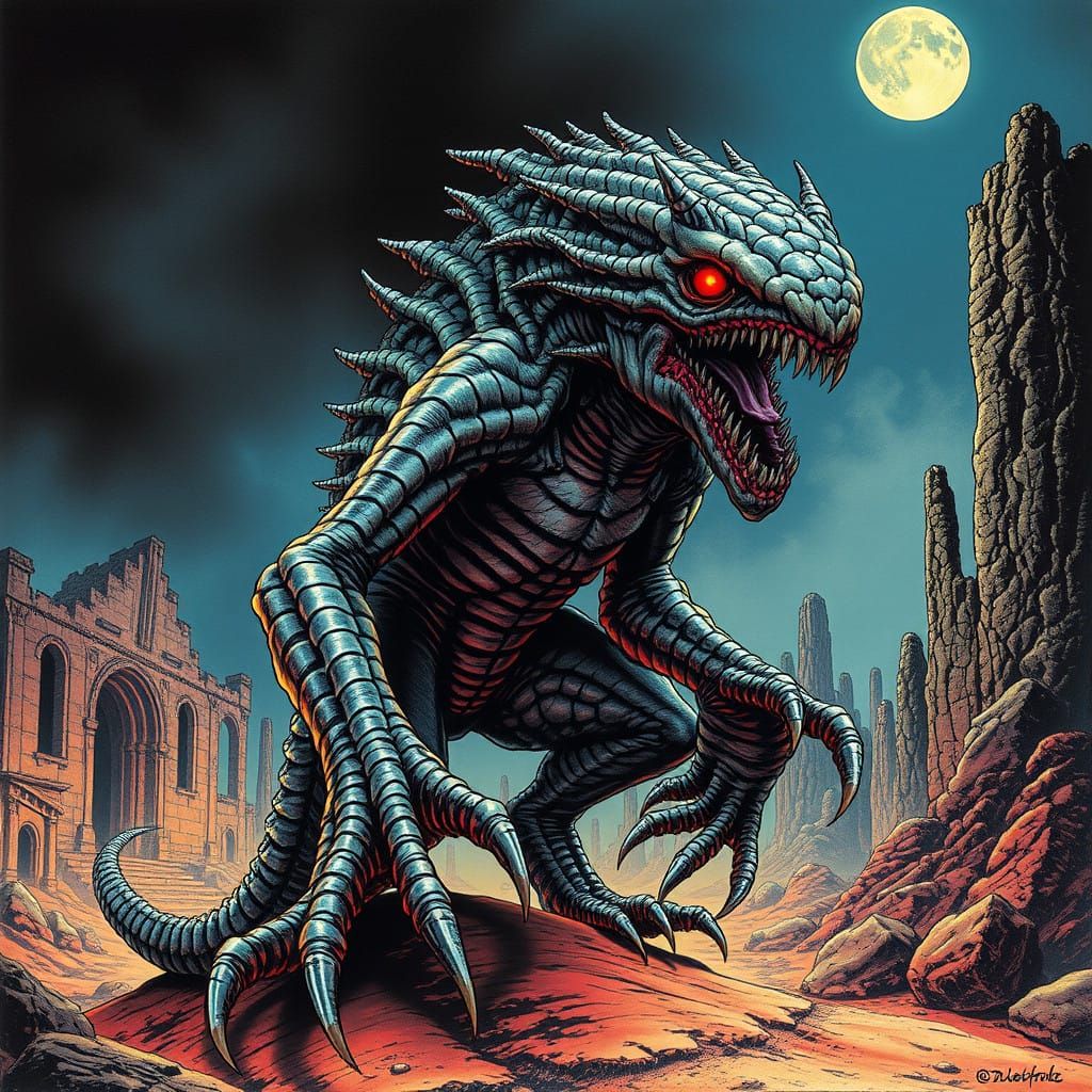 Biomechanical Nightmare Creature in a Mystical, Dreamlike La...