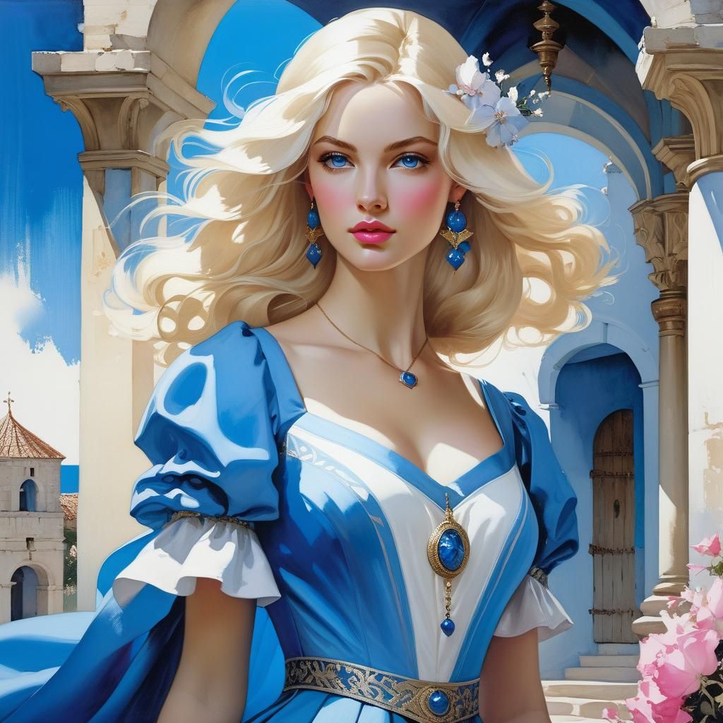 Woman in medieval blue dress