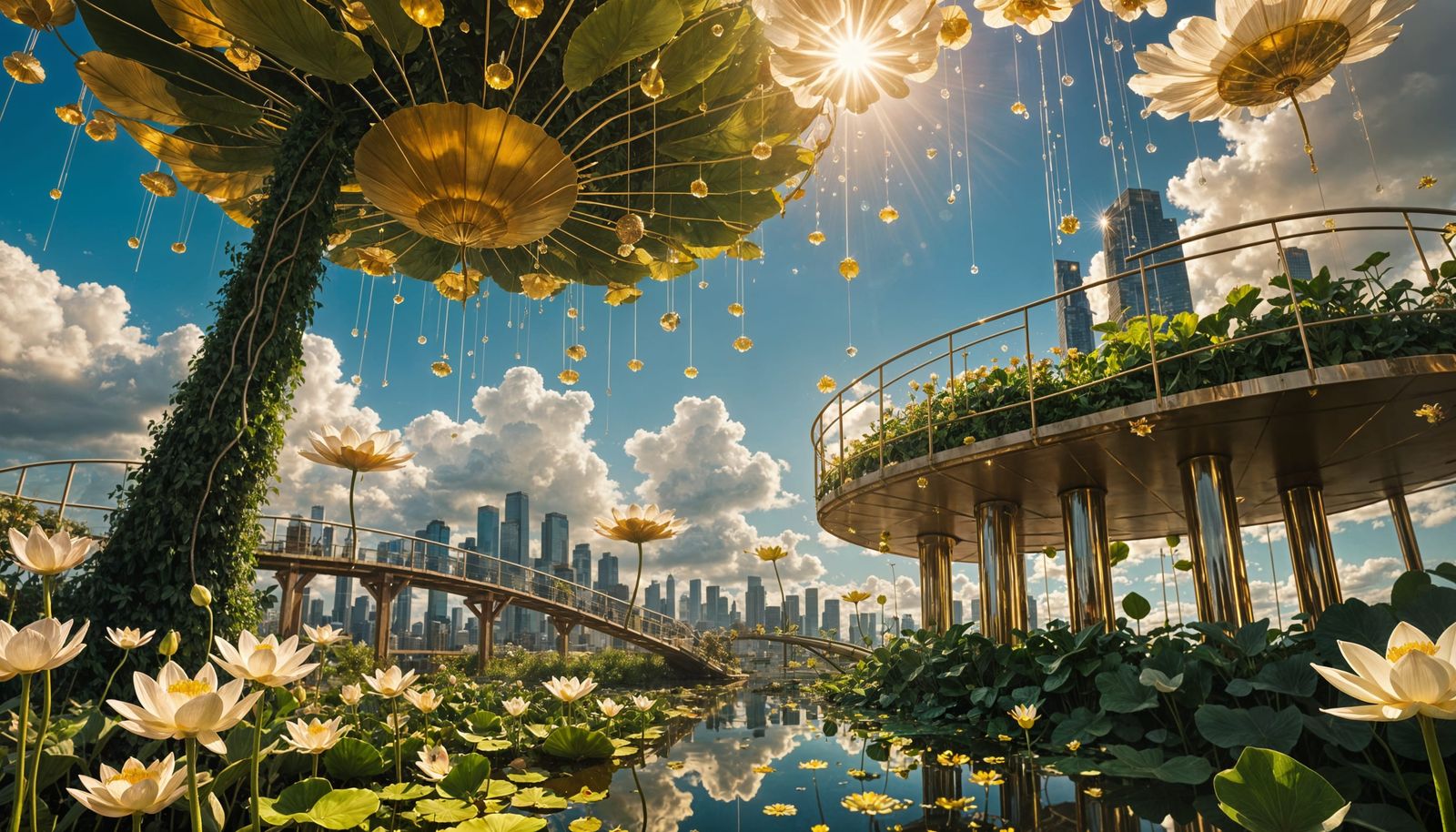 Surreal Sky Garden with Golden Rain, Ghibli Style