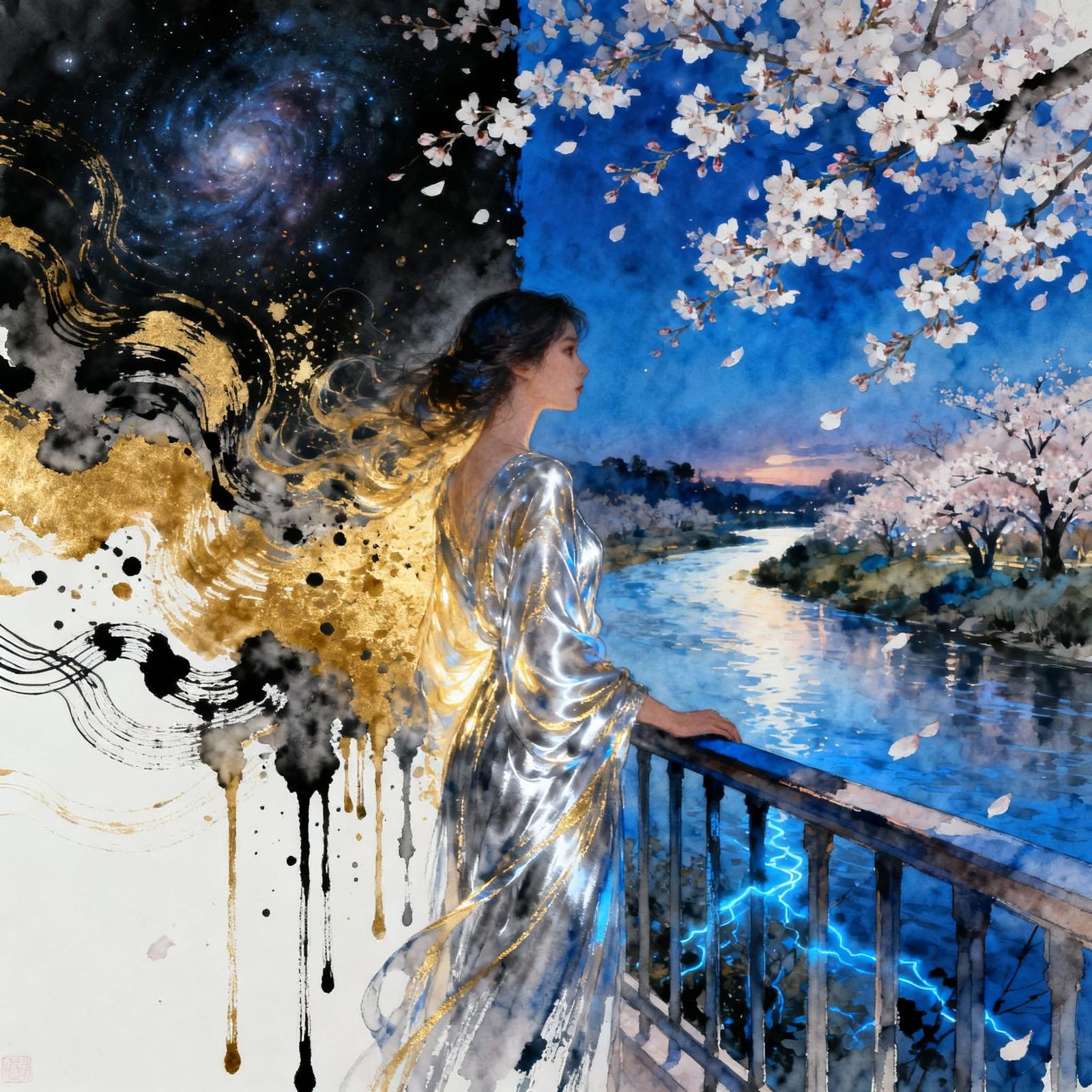 Graceful Figure Gazes at Luminous Spring Landscape