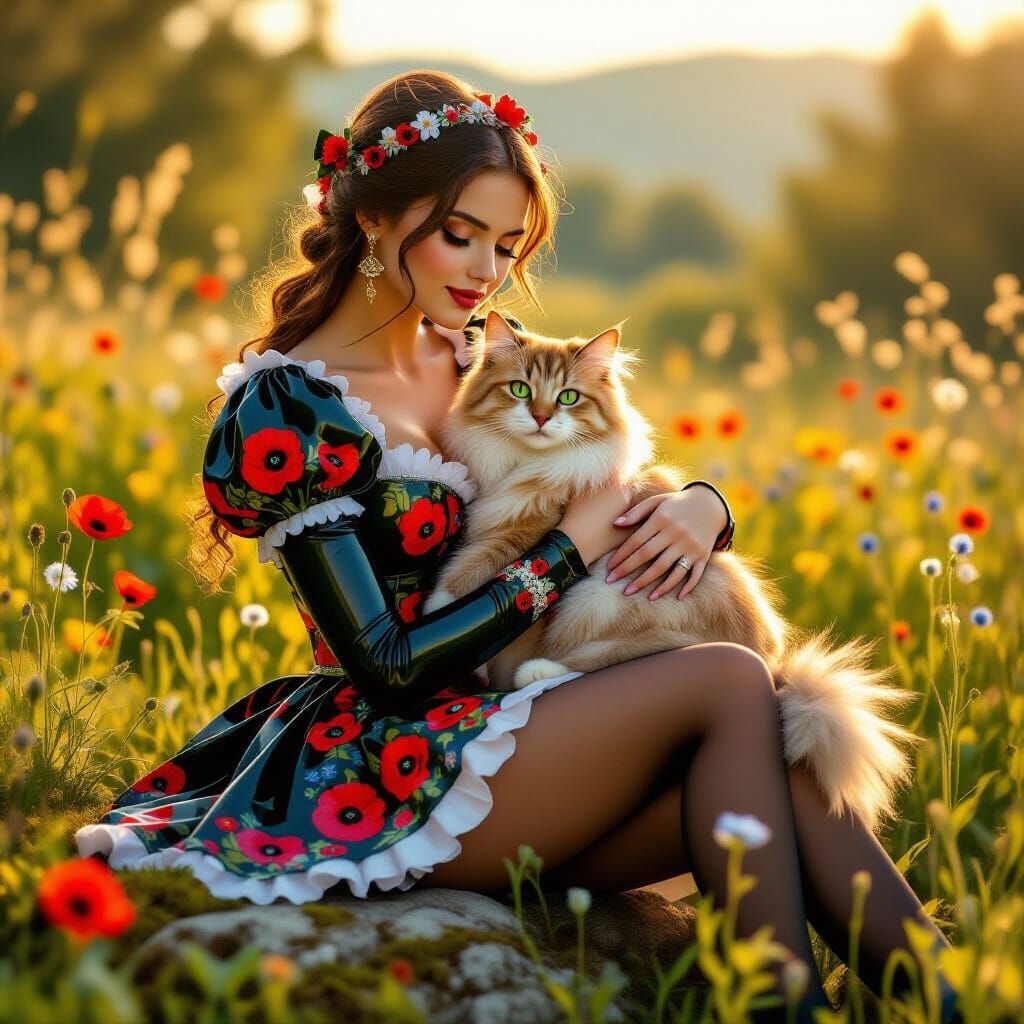 Woman with Cat in Poppy Field, Alphonse Mucha Style