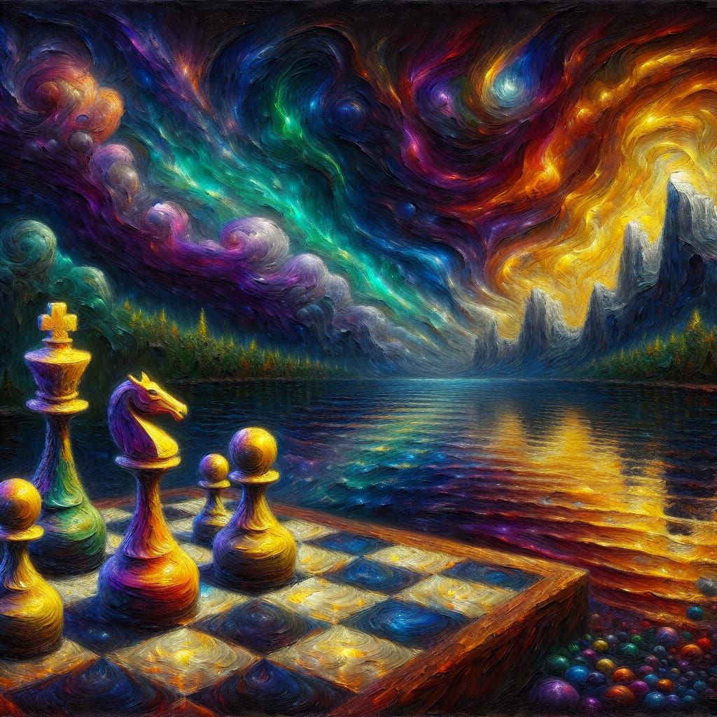 Anthropomorphic Chess Pieces by Mountain Lake as Impasto Pai...