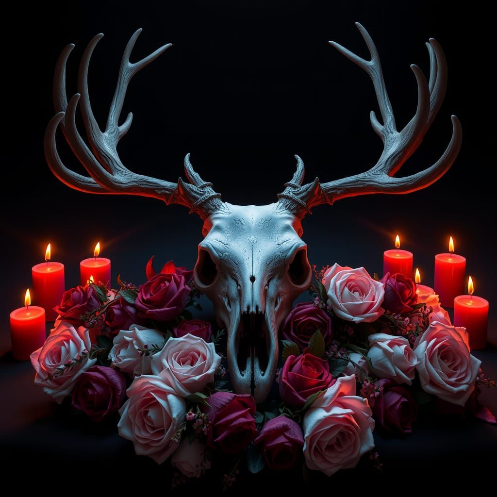 Reindeer Skull with Roses in Dark Fantasy Style