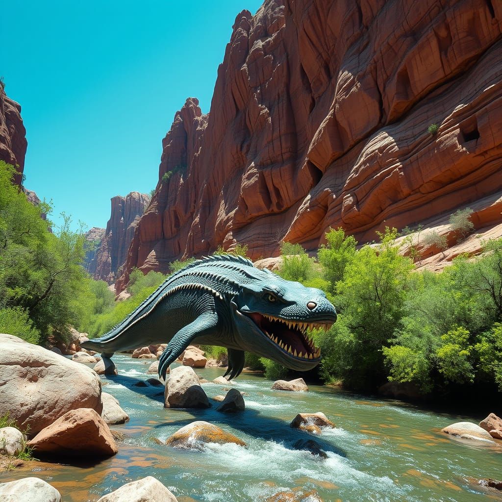 Menacing Crocodile Beast in Lush Wadi, Photorealistic
