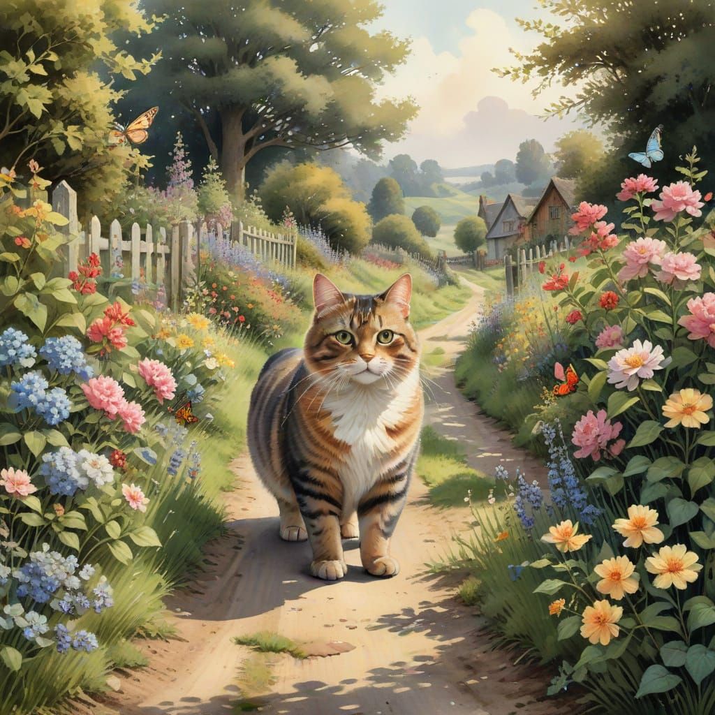 Vintage Storybook Cat Strolls Down a Morning Lane