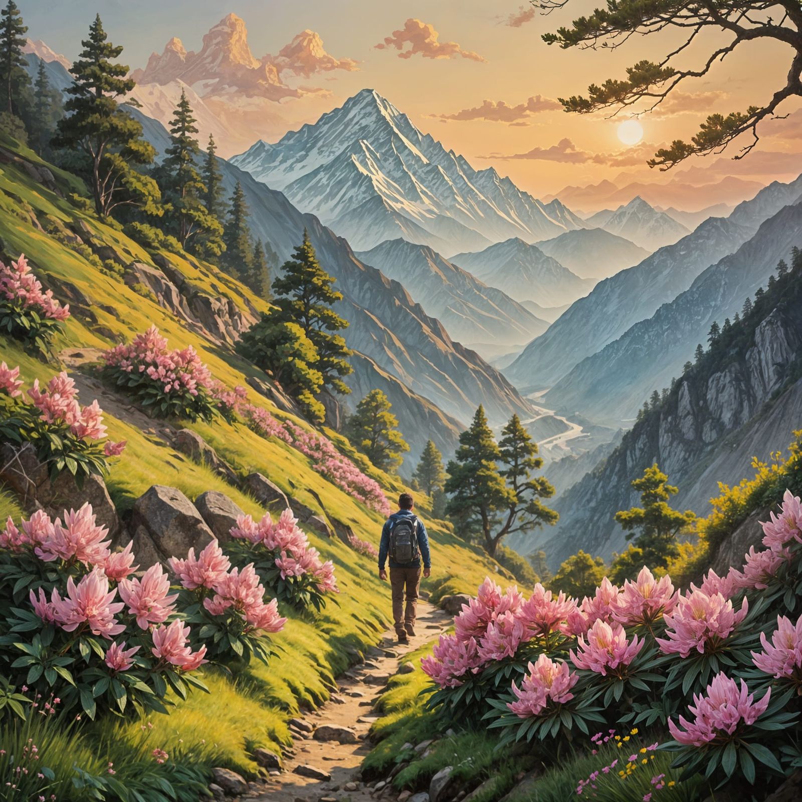 Spring landscape and a traveler