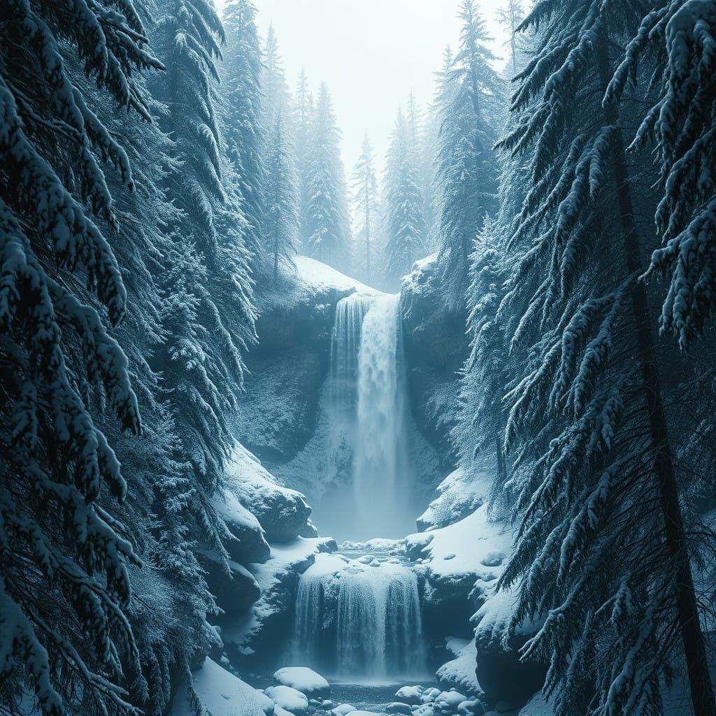 Epic Snowy Forest Waterfall Scene in Digital Matte Painting