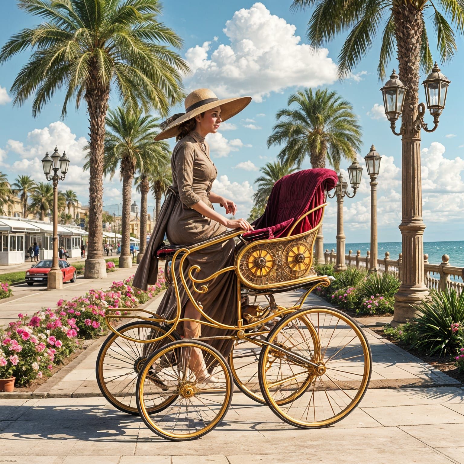 Vintage Mechanical Perambulator on Sunny Promenade