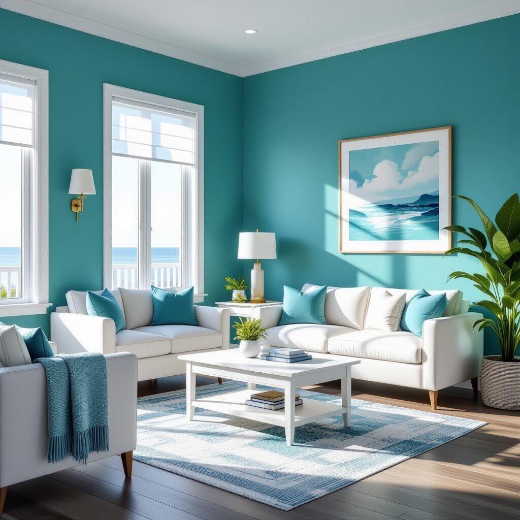 Coastal Teal Room with White Furniture in 3D