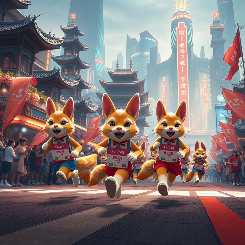 Kitsunes Crossing the Finish Line in Vibrant Fantasy Citysca...