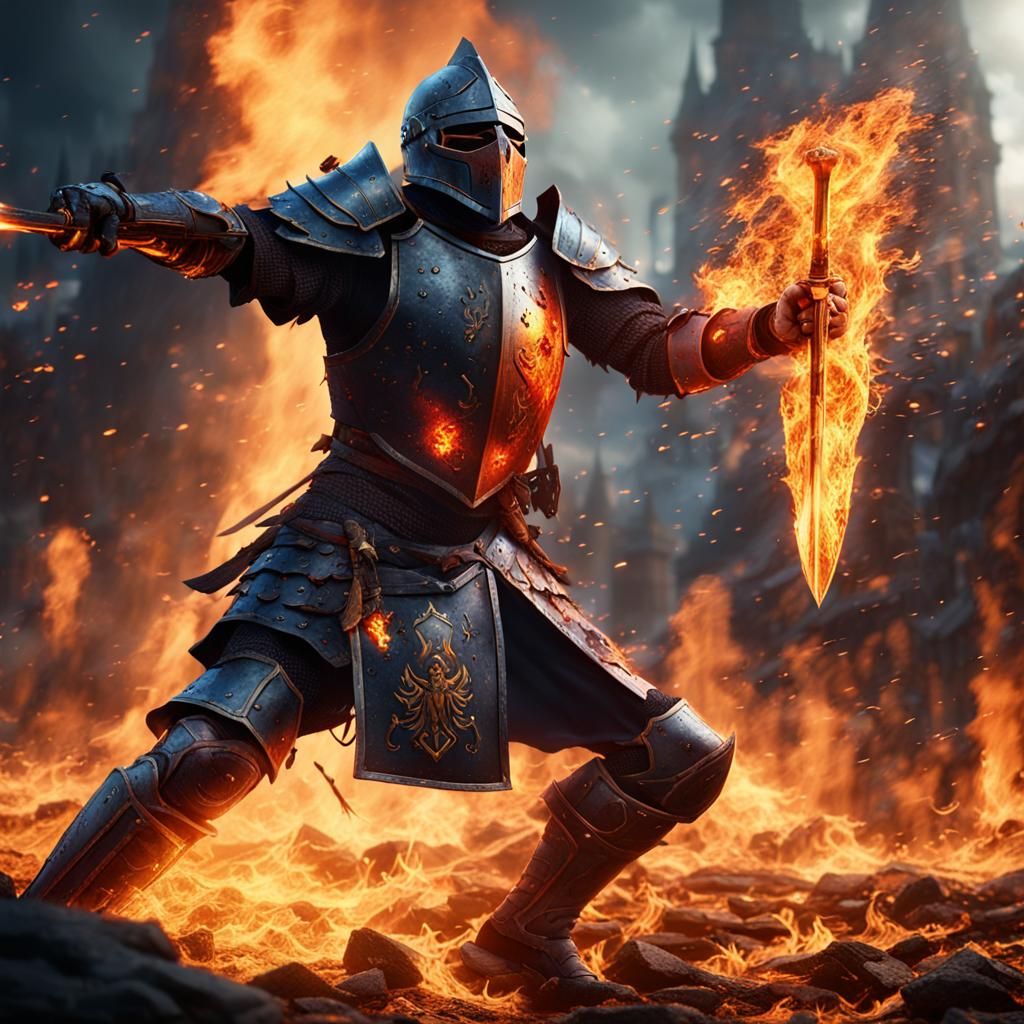 Fiery Knight in Epic Battle Scene