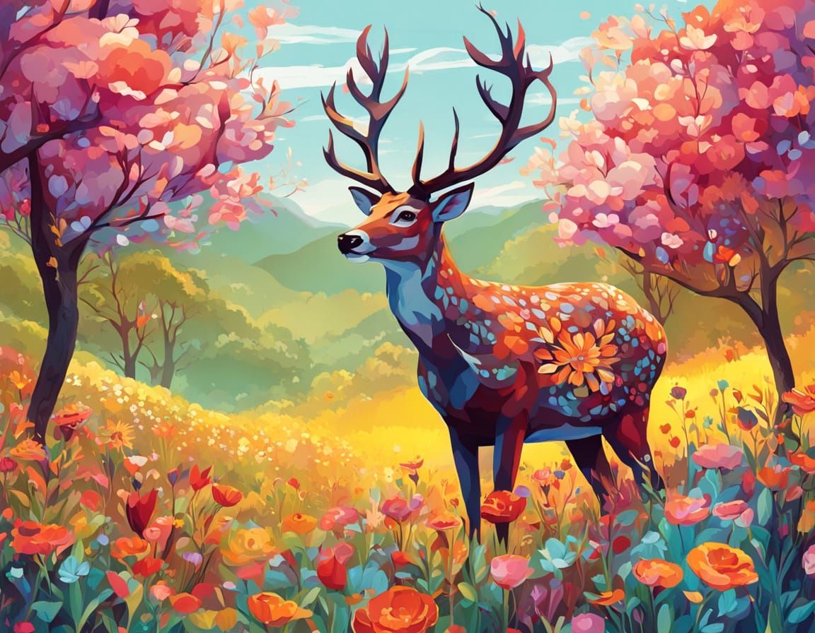 Whimsical Deer in a Vibrant Meadow
