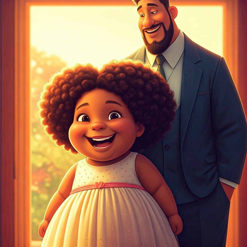 Happy Black Girl and Dad on Summer Day, Pixar-Inspired