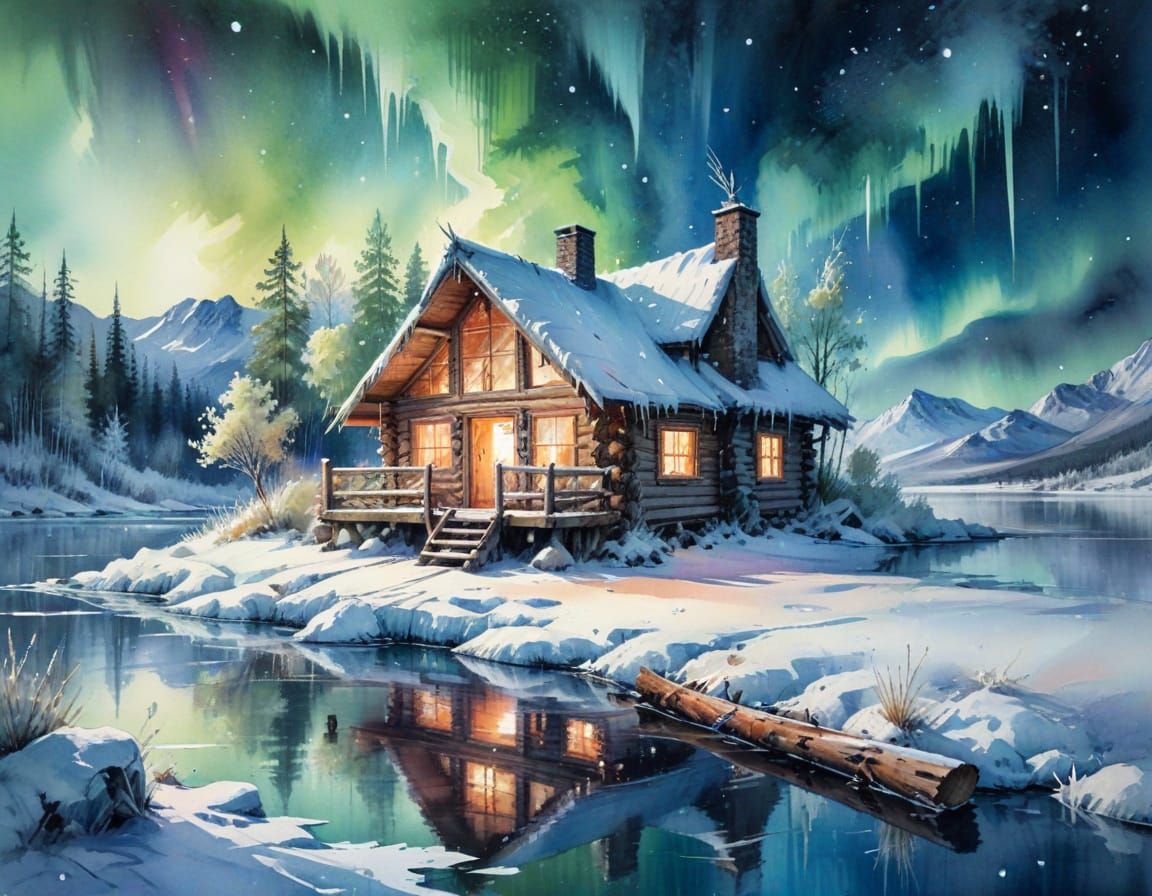 Snowy Cabin Under Northern Lights, Watercolor Illustration