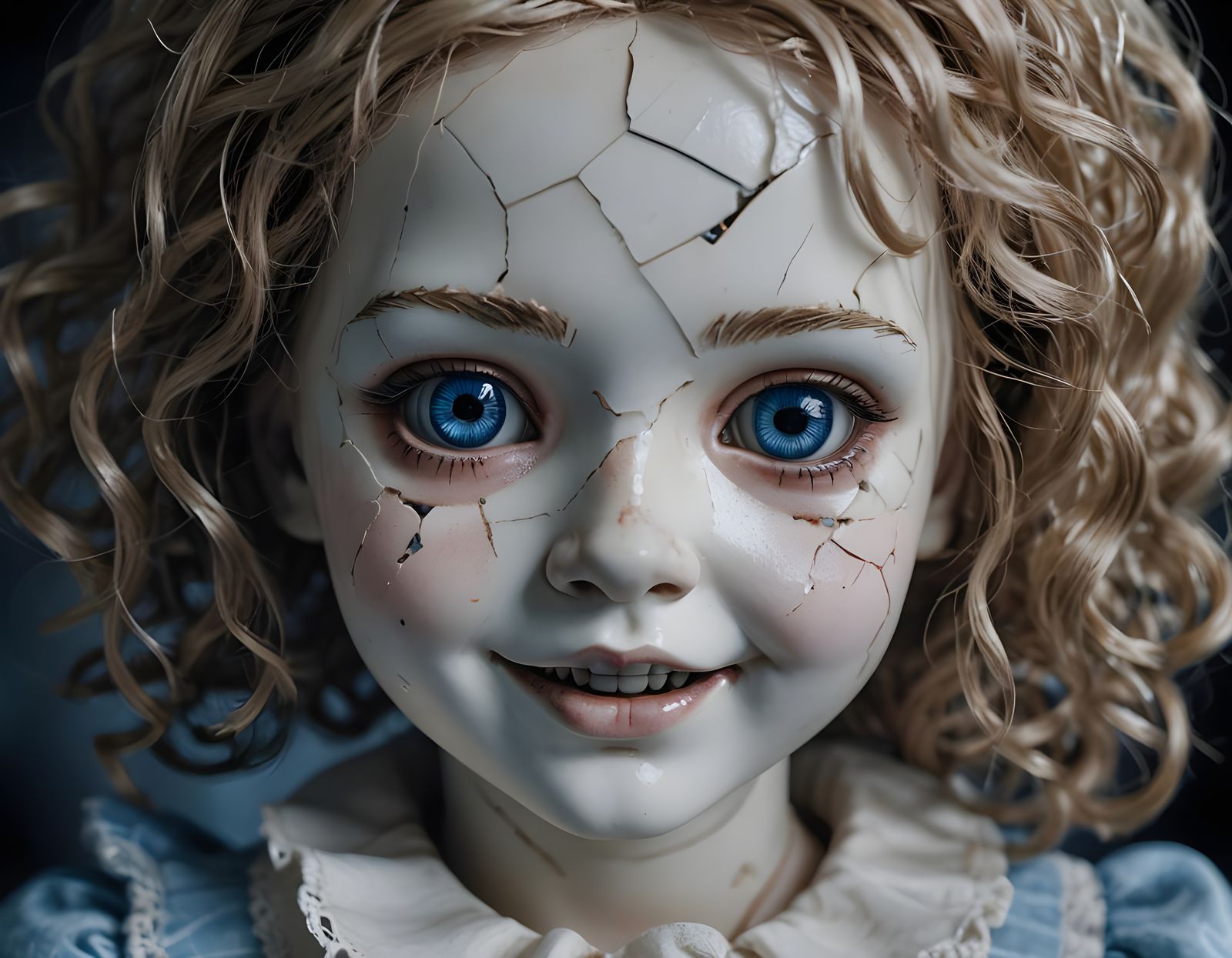 Creepy Smashed Porcelain Doll Smiling
