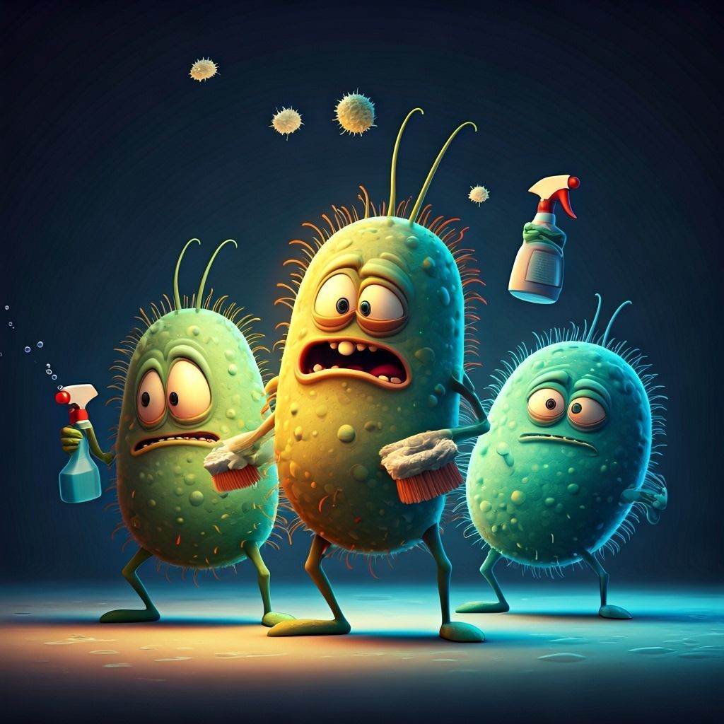 Cartoon Microbes Scrubbing Clean in 3D Cel-Shaded Style