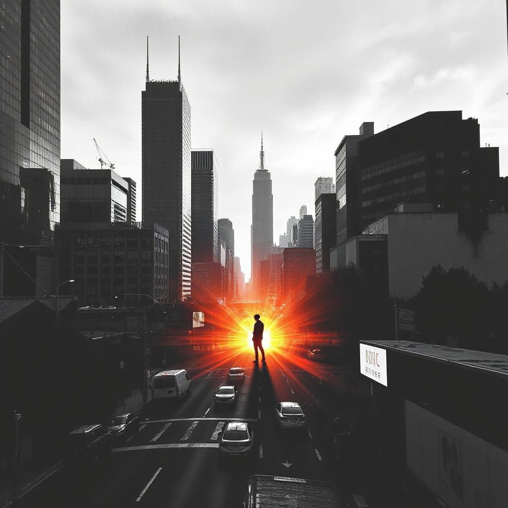 Monochrome Cityscape with Radiating Figure