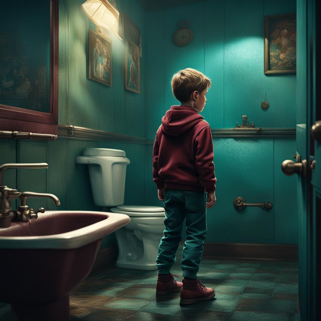 Boy's Urgent Bathroom Break: Moody Realist Painting