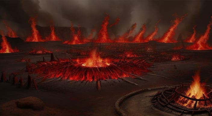 Red dominant scene of the mythical pits of Hell, red fires e...