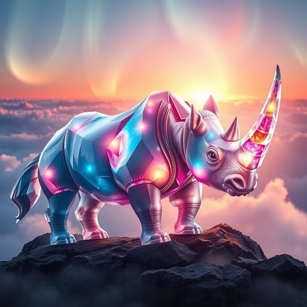 Crystal Rhinoceros on Aurora-Lit Peak in High-Fantasy Style