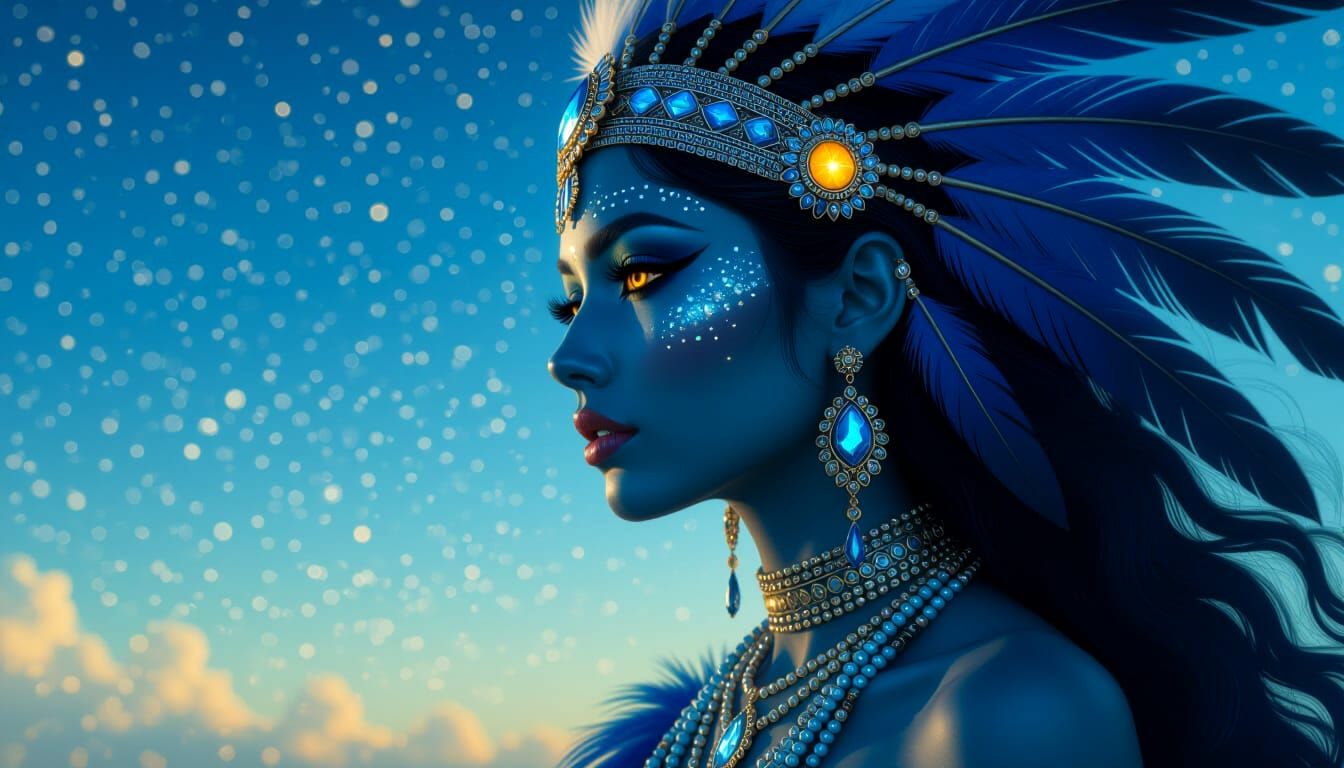 Fantasy Woman with Blue Skin and Feathered Headdress