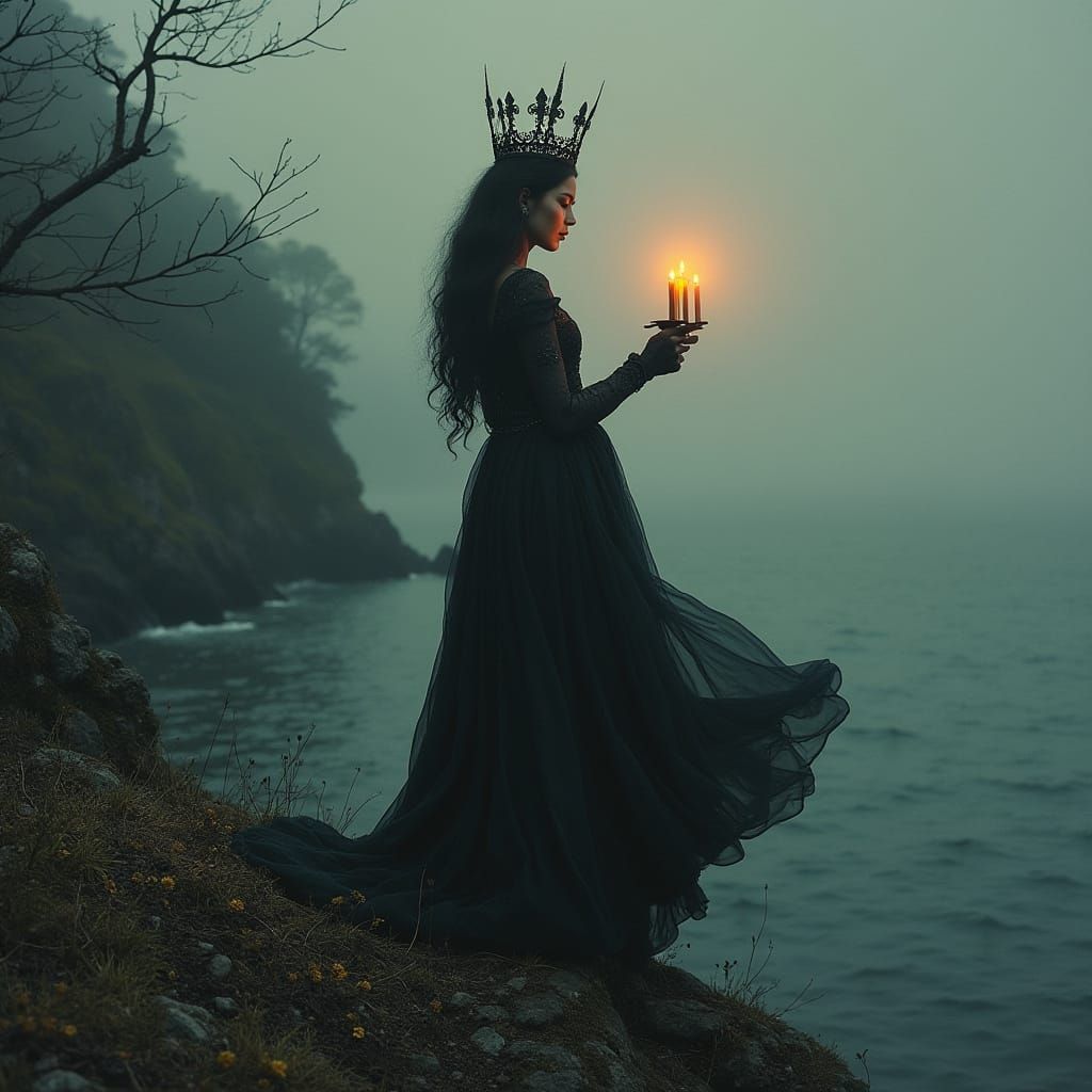 Dark Queen's Ethereal Candlelit Invocation on a Mountain Bes...