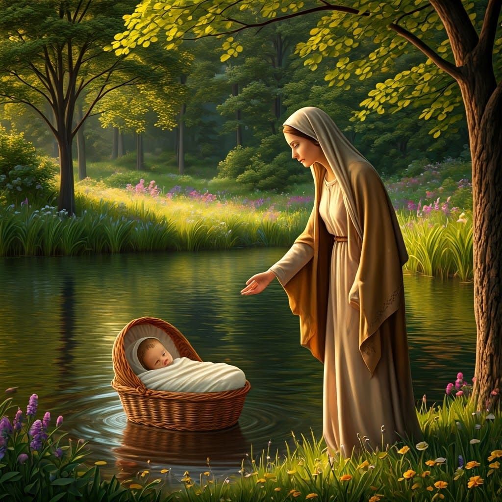 Majestic Biblical Woman Amidst Lush Greenery and Serene Lake