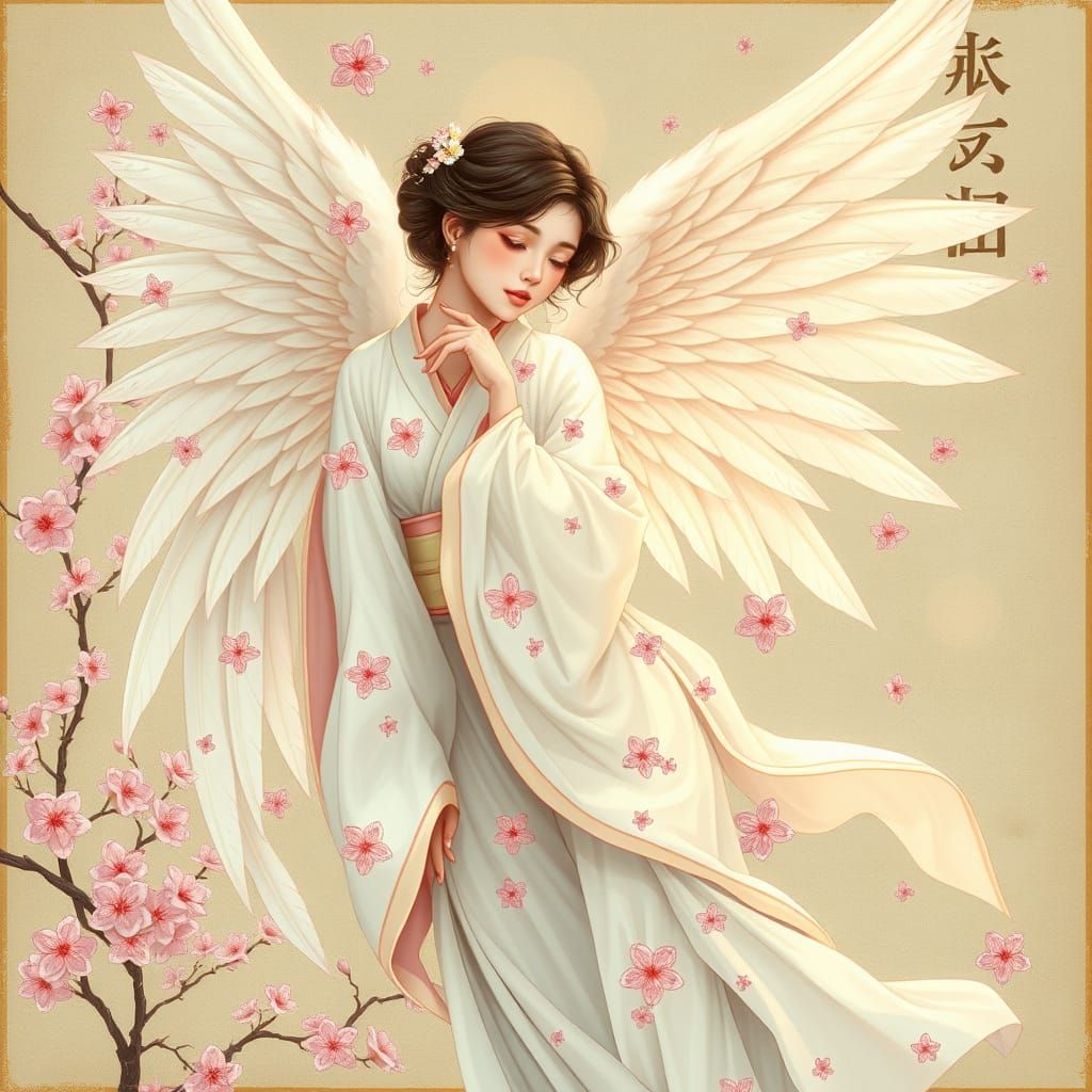 Serene Japanese Angel on Art Canvas in Art Nouveau Style