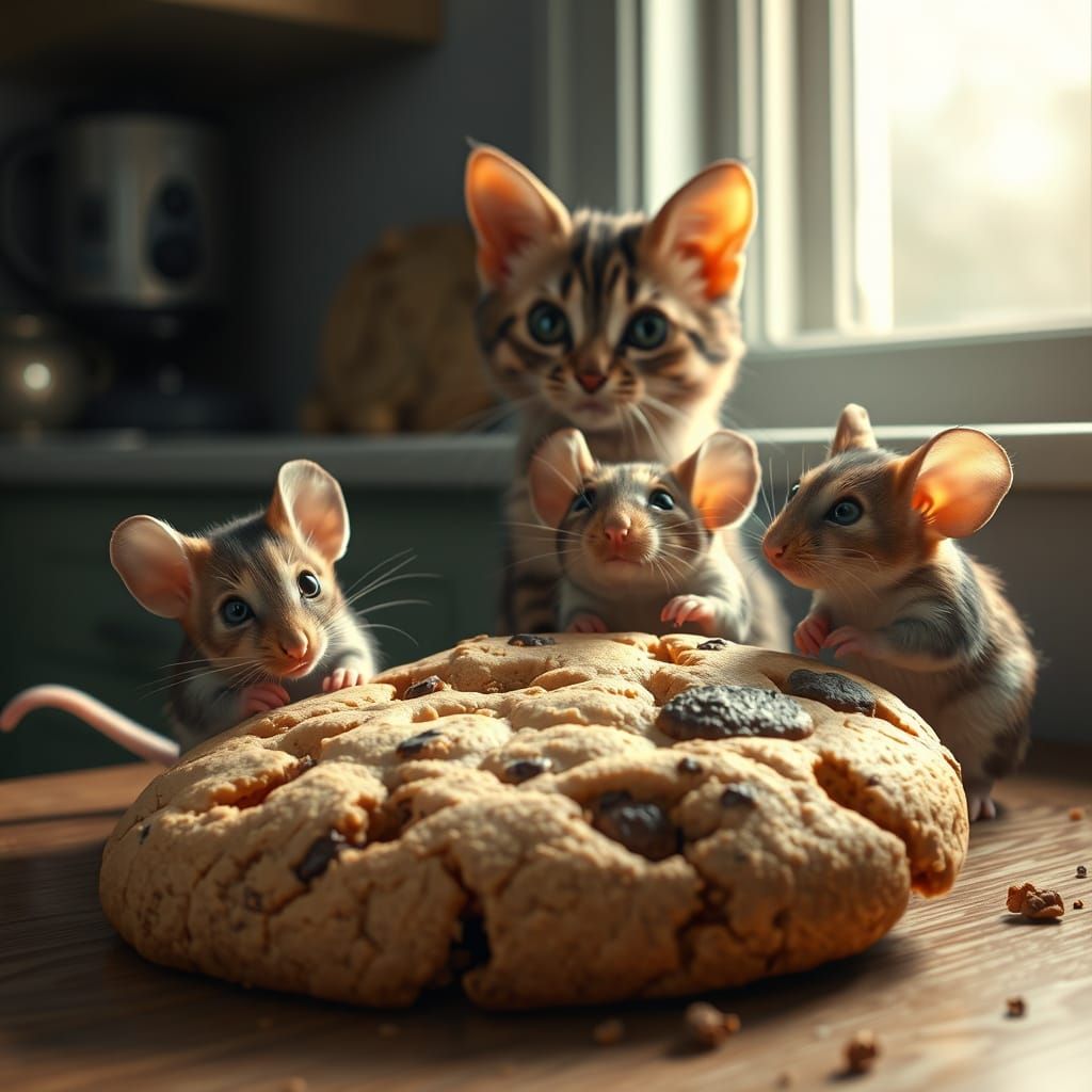 Whimsical Group of Mice Steal a Cookie in a Photorealistic S...