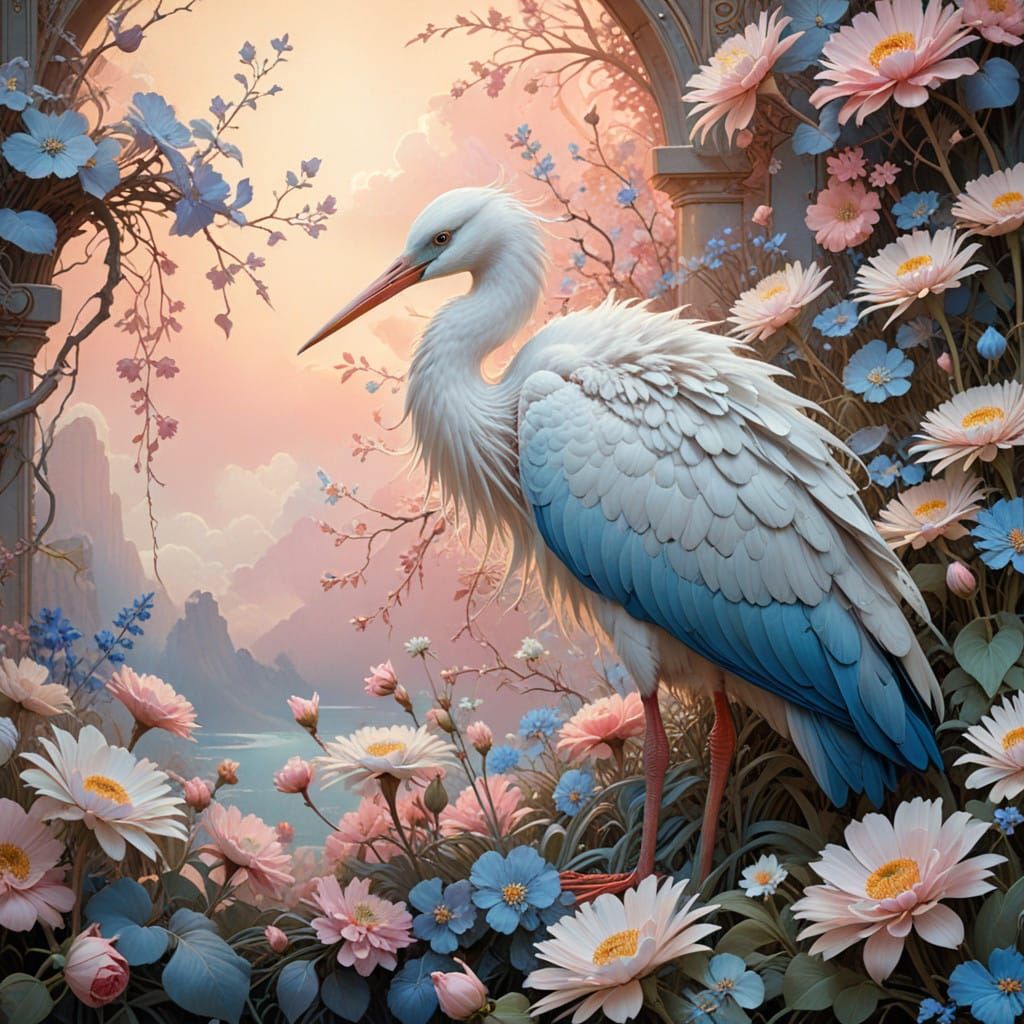 Ethereal Stork Amidst Whimsical Blooms