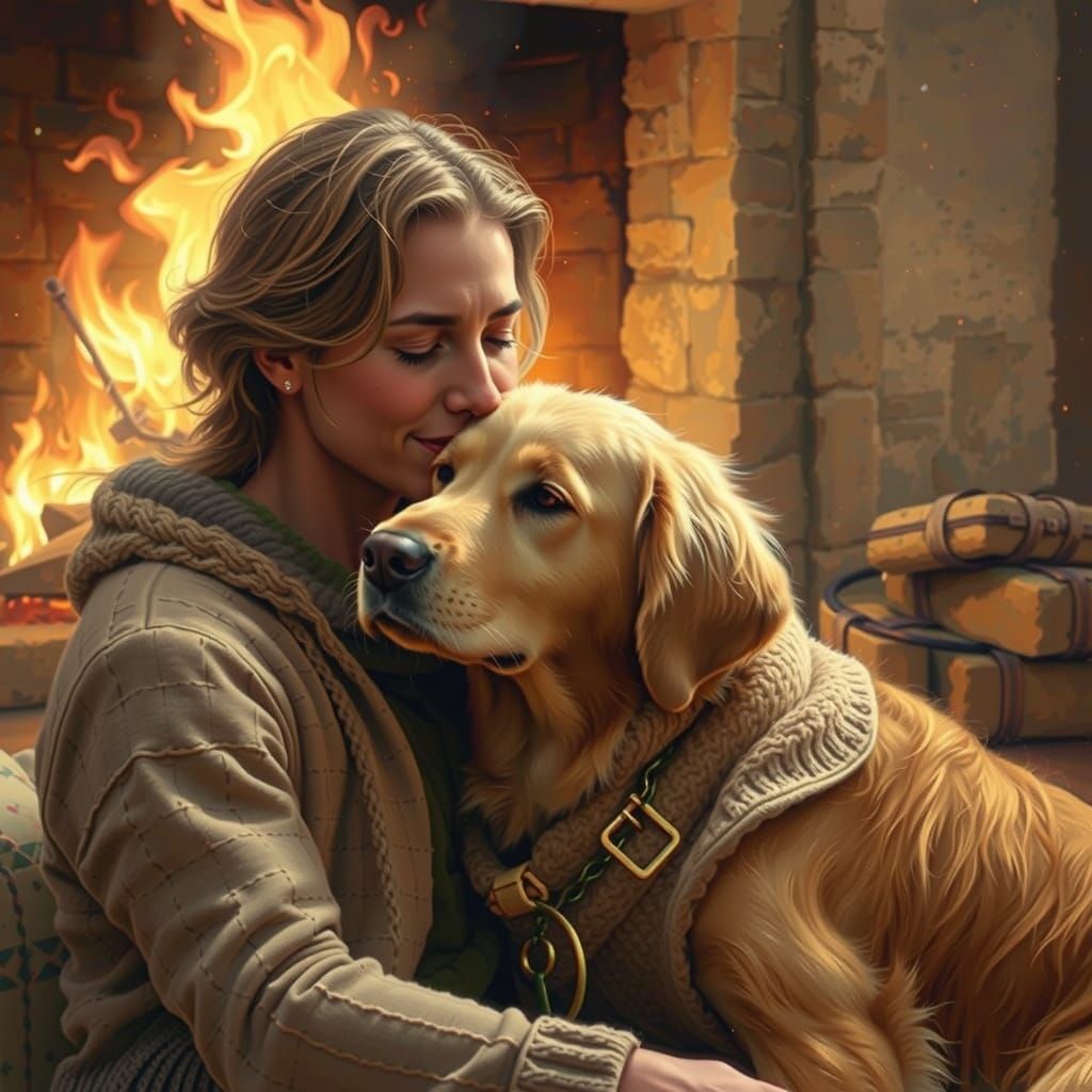 Cozy Golden Retriever Snuggles in Beatrix Potter Style