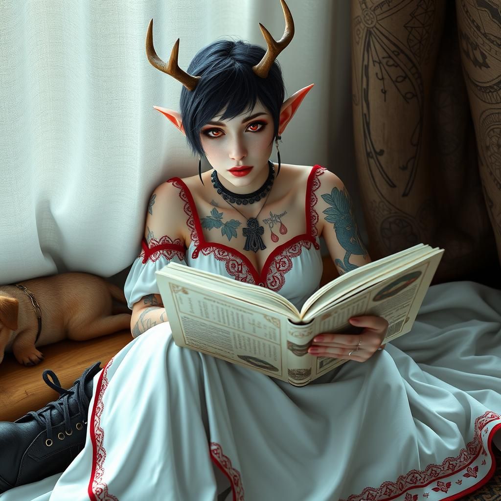 Enchanting Elf Reading Book in a Fantasy Realm