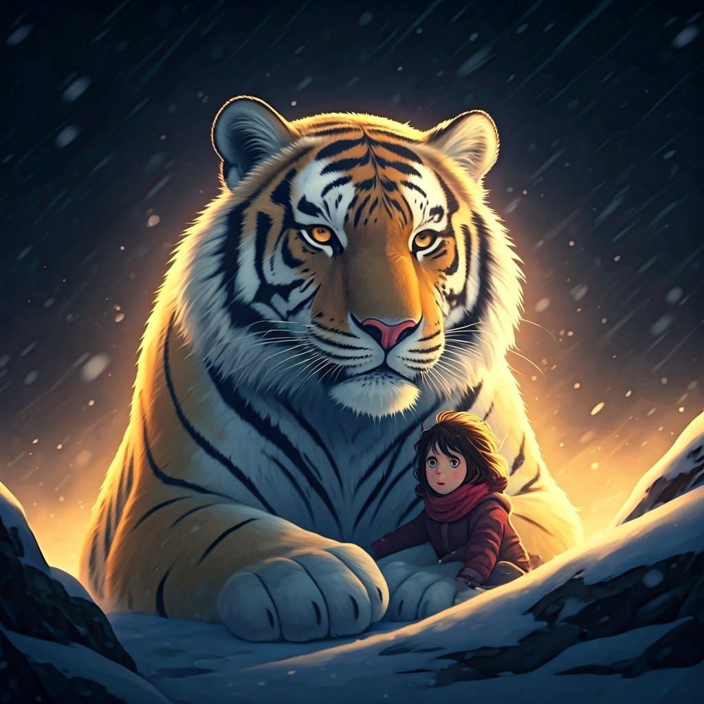 Giant Snow Tiger and Girl in Anime Winter Storm