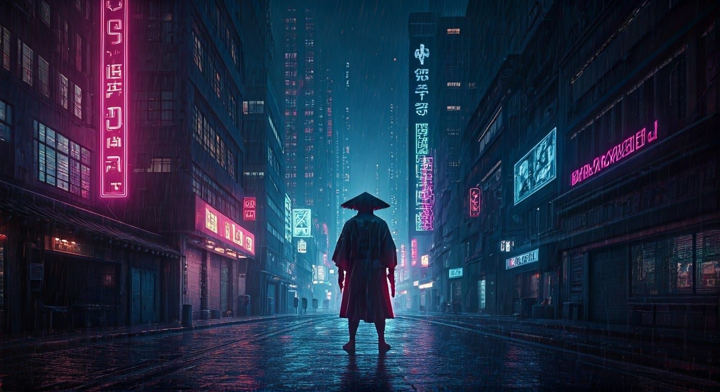 Cyborg Samurai in Dystopian Cyberpunk Cityscape